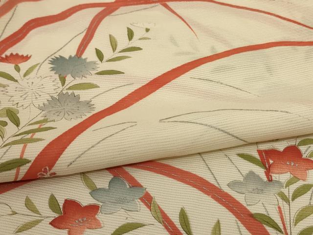 平和屋着物＊夏物 小紋 絽 手描き 草花文 銀彩 正絹 逸品 AABD3311jd