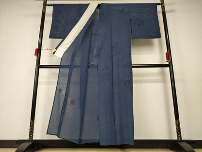 平和屋着物＊夏物 色無地 縦絽 草花紋紗 藍鉄色 正絹 逸品 AABD3313jd