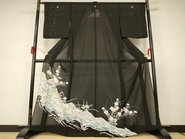 平和屋着物＊夏物 黒留袖 絽 刺繍 立波草花文 銀彩 正絹 逸品 AABD3317jd