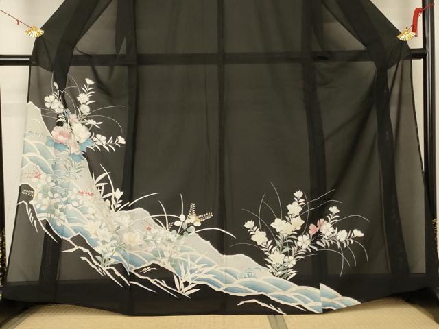 平和屋着物＊夏物 黒留袖 絽 刺繍 立波草花文 銀彩 正絹 逸品 AABD3317jd