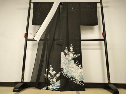 平和屋着物＊夏物 黒留袖 絽 刺繍 立波草花文 銀彩 正絹 逸品 AABD3317jd
