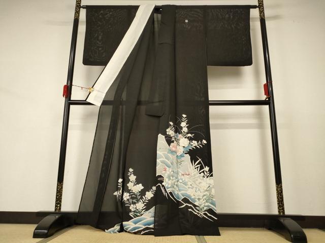 平和屋着物＊夏物 黒留袖 絽 刺繍 立波草花文 銀彩 正絹 逸品 AABD3317jd