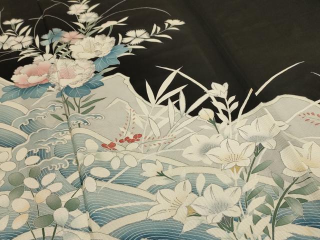平和屋着物＊夏物 黒留袖 絽 刺繍 立波草花文 銀彩 正絹 逸品 AABD3317jd