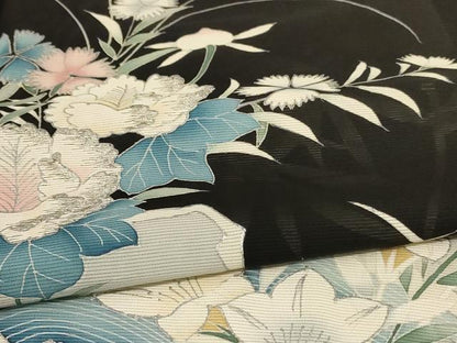 平和屋着物＊夏物 黒留袖 絽 刺繍 立波草花文 銀彩 正絹 逸品 AABD3317jd