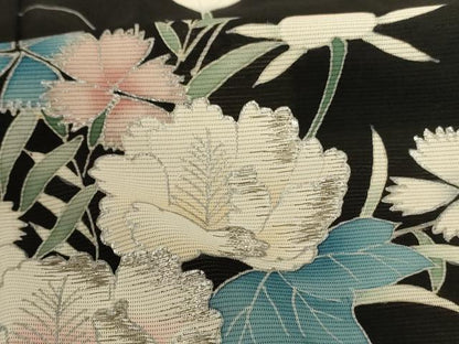 平和屋着物＊夏物 黒留袖 絽 刺繍 立波草花文 銀彩 正絹 逸品 AABD3317jd