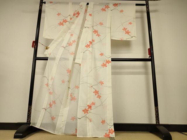平和屋着物＊夏物 小紋 絽 枝花文 銀彩 洗える着物 AABD3320jd