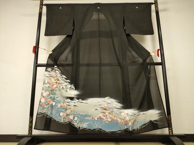 平和屋着物＊夏物　訪問着　絽　横段文　黒地　正絹　逸品　AABB5942st 平和屋着物＊夏物 訪問着 絽 横段文 黒地 正絹 逸品 AABB5942st