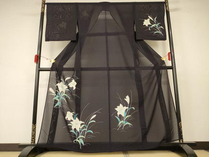 平和屋着物＊夏物 小紋 絽 草花文 銀彩 正絹 逸品 AABD3374jd