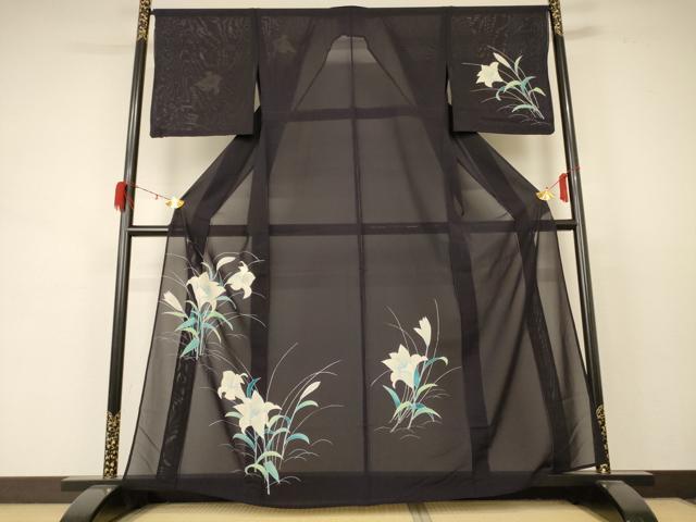 平和屋着物＊夏物 小紋 絽 草花文 銀彩 正絹 逸品 AABD3374jd