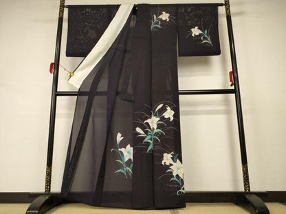 平和屋着物＊夏物 小紋 絽 草花文 銀彩 正絹 逸品 AABD3374jd
