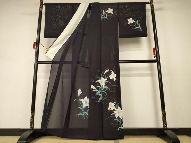 平和屋着物＊夏物 小紋 絽 草花文 銀彩 正絹 逸品 AABD3374jd