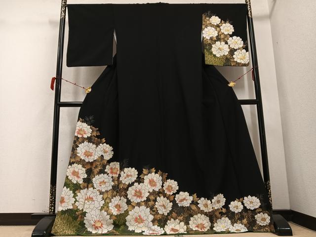 平和屋着物●訪問着 牡丹 黒地 金彩 ロング丈 正絹 逸品 AABD3410ph