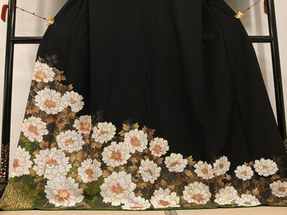 平和屋着物●訪問着 牡丹 黒地 金彩 ロング丈 正絹 逸品 AABD3410ph