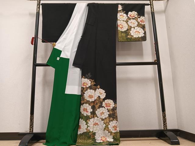 平和屋着物●訪問着 牡丹 黒地 金彩 ロング丈 正絹 逸品 AABD3410ph