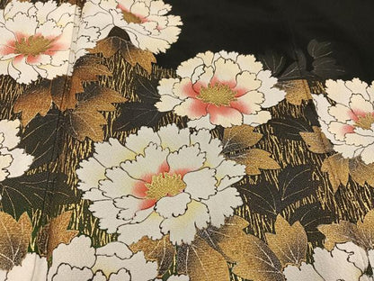 平和屋着物●訪問着 牡丹 黒地 金彩 ロング丈 正絹 逸品 AABD3410ph