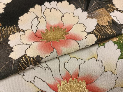 平和屋着物●訪問着 牡丹 黒地 金彩 ロング丈 正絹 逸品 AABD3410ph