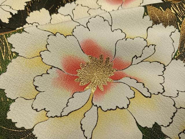 平和屋着物●訪問着 牡丹 黒地 金彩 ロング丈 正絹 逸品 AABD3410ph