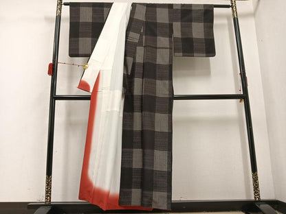 平和屋着物●上質な紬 市松文様 正絹 逸品 AABD3418ph