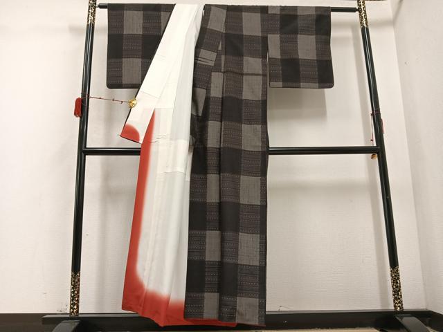 平和屋着物●上質な紬 市松文様 正絹 逸品 AABD3418ph