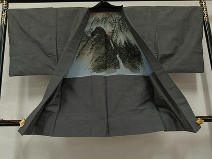 平和屋着物●男性　紬　アンサンブル　亀甲絣　黒地　正絹　逸品　AABD3424ph