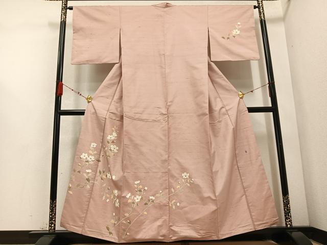平和屋着物●訪問着 友禅作家物 紬地 枝花文 正絹 逸品 AABD3454ph