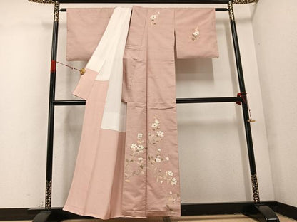 平和屋着物●訪問着 友禅作家物 紬地 枝花文 正絹 逸品 AABD3454ph