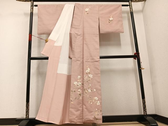 平和屋着物●訪問着 友禅作家物 紬地 枝花文 正絹 逸品 AABD3454ph