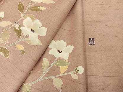 平和屋着物●訪問着 友禅作家物 紬地 枝花文 正絹 逸品 AABD3454ph
