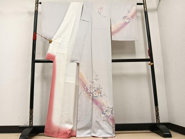 平和屋着物●訪問着　草花文　暈し染め　金銀彩　正絹　逸品　AABD3473ph