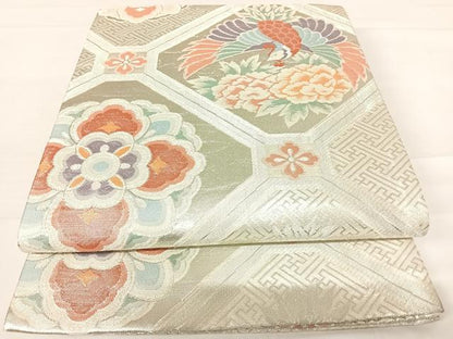 平和屋着物◎六通柄袋帯　蜀江花鳥文　銀糸　正絹　逸品　AABD3489yx