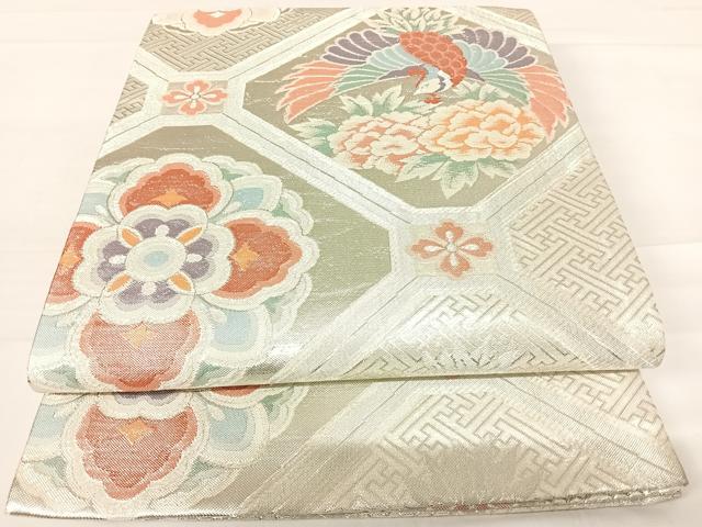 平和屋着物◎六通柄袋帯　蜀江花鳥文　銀糸　正絹　逸品　AABD3489yx
