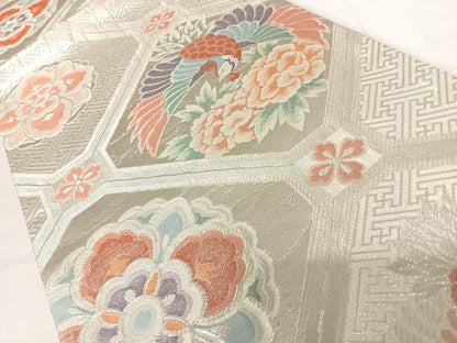 平和屋着物◎六通柄袋帯　蜀江花鳥文　銀糸　正絹　逸品　AABD3489yx