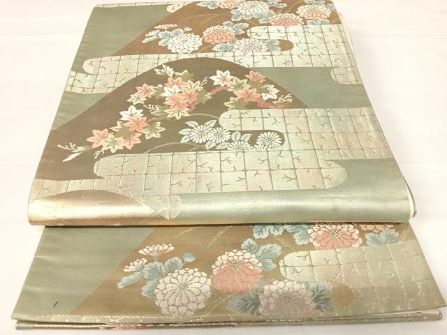 平和屋着物◎六通柄袋帯　エ霞花文　金糸　正絹　逸品　AABD3491yx