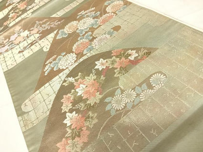 平和屋着物◎六通柄袋帯　エ霞花文　金糸　正絹　逸品　AABD3491yx
