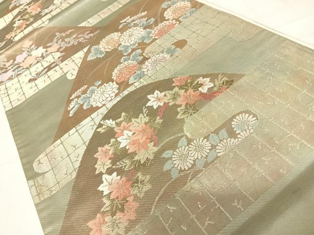 平和屋着物◎六通柄袋帯　エ霞花文　金糸　正絹　逸品　AABD3491yx