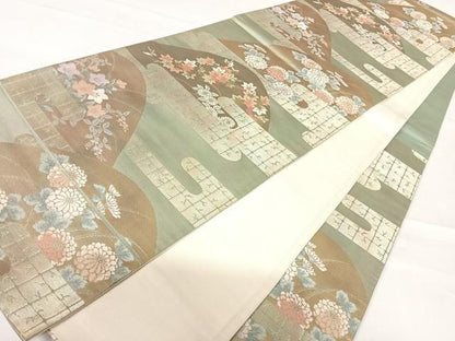 平和屋着物◎六通柄袋帯　エ霞花文　金糸　正絹　逸品　AABD3491yx