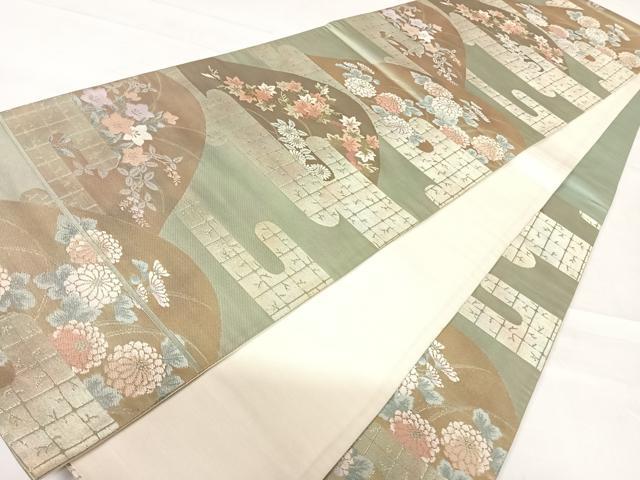 平和屋着物◎六通柄袋帯　エ霞花文　金糸　正絹　逸品　AABD3491yx