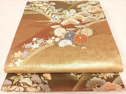 平和屋着物◎六通柄袋帯　雲取り花文　金糸　正絹　逸品　AABD3495yx
