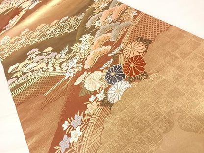 平和屋着物◎六通柄袋帯　雲取り花文　金糸　正絹　逸品　AABD3495yx