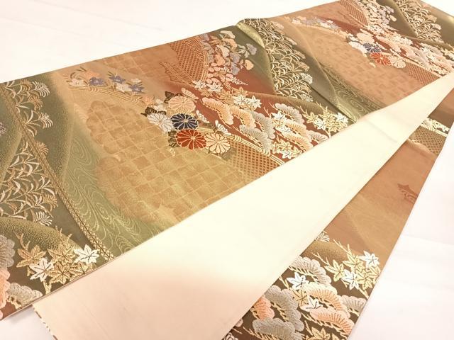 平和屋着物◎六通柄袋帯　雲取り花文　金糸　正絹　逸品　AABD3495yx