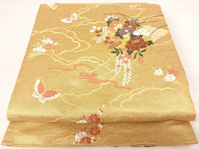 平和屋着物◎六通柄袋帯　唐織　舞蝶花文　金糸　正絹　逸品　AABD3500yx
