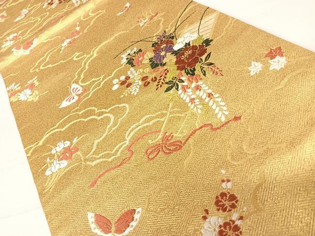 平和屋着物◎六通柄袋帯　唐織　舞蝶花文　金糸　正絹　逸品　AABD3500yx