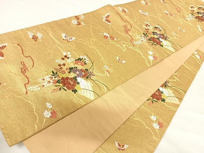 平和屋着物◎六通柄袋帯　唐織　舞蝶花文　金糸　正絹　逸品　AABD3500yx