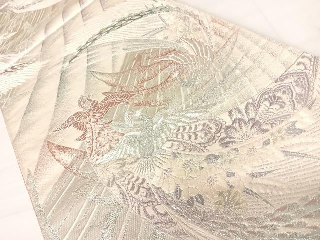 平和屋着物◎六通柄袋帯 唐織 孔雀花文 銀糸 正絹 逸品 AABD3506yx