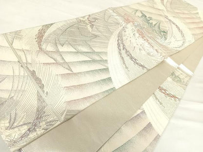 平和屋着物◎六通柄袋帯 唐織 孔雀花文 銀糸 正絹 逸品 AABD3506yx