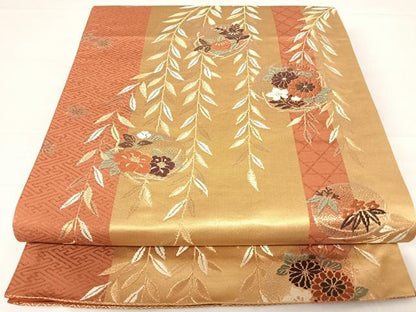 平和屋着物◎六通柄袋帯　唐織　枝垂れ花文　金糸　正絹　逸品　AABD3510yx