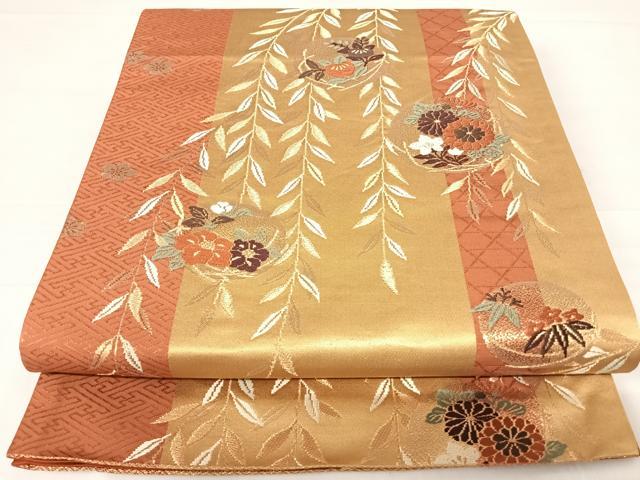 平和屋着物◎六通柄袋帯　唐織　枝垂れ花文　金糸　正絹　逸品　AABD3510yx