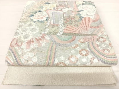 平和屋着物◎綴れ　太鼓柄袋帯　御所車花文　銀彩　正絹　逸品　AABD3514yx