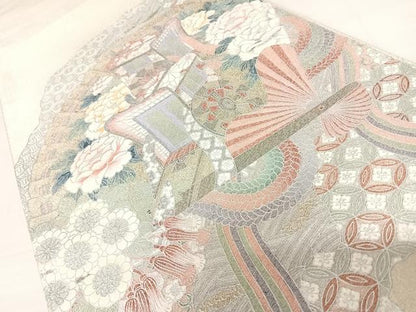 平和屋着物◎綴れ　太鼓柄袋帯　御所車花文　銀彩　正絹　逸品　AABD3514yx