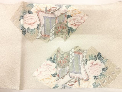 平和屋着物◎綴れ　太鼓柄袋帯　御所車花文　銀彩　正絹　逸品　AABD3514yx
